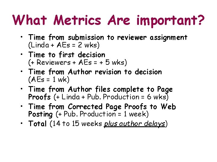 What Metrics Are important? • Time from submission to reviewer assignment (Linda + AEs