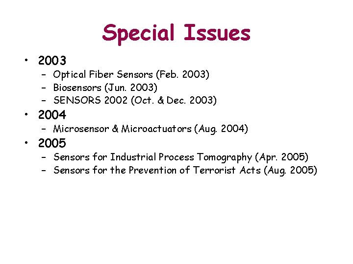 Special Issues • 2003 – Optical Fiber Sensors (Feb. 2003) – Biosensors (Jun. 2003)