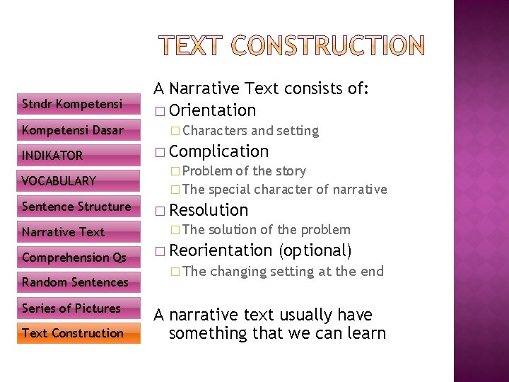 Stndr Kompetensi Dasar INDIKATOR VOCABULARY Sentence Structure Narrative Text Comprehension Qs Random Sentences Series