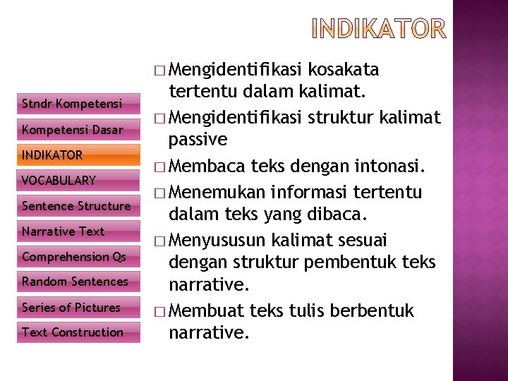 � Mengidentifikasi Stndr Kompetensi Dasar INDIKATOR VOCABULARY Sentence Structure Narrative Text Comprehension Qs Random