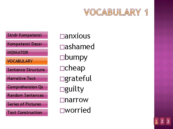 Stndr Kompetensi �anxious Kompetensi Dasar �ashamed INDIKATOR VOCABULARY �bumpy Sentence Structure �cheap Narrative Text