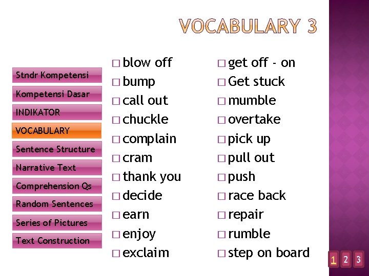 Stndr Kompetensi Dasar INDIKATOR VOCABULARY Sentence Structure Narrative Text Comprehension Qs Random Sentences Series