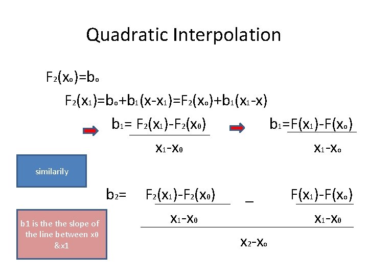 Quadratic Interpolation F 2(xo)=bo F 2(x 1)=bo+b 1(x-x 1)=F 2(xo)+b 1(x 1 -x) b
