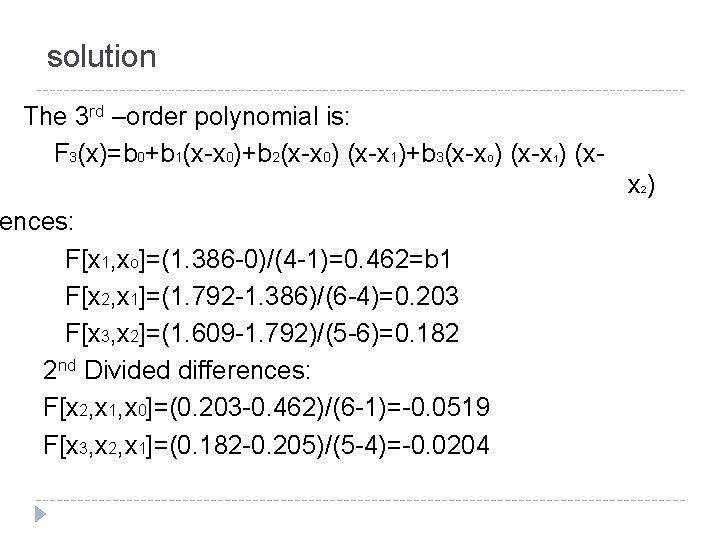 solution The 3 rd –order polynomial is: F 3(x)=b 0+b 1(x-x 0)+b 2(x-x 0)
