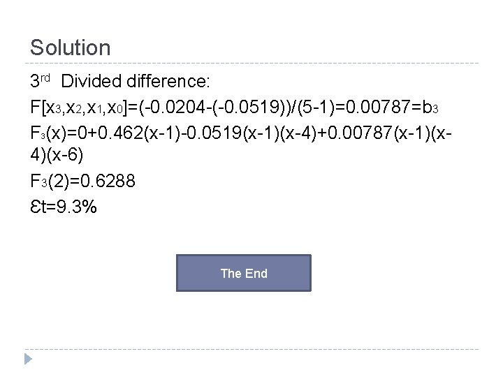 Solution 3 rd Divided difference: F[x 3, x 2, x 1, x 0]=(-0. 0204