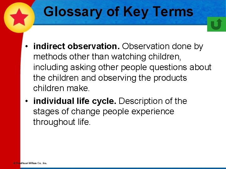 Glossary of Key Terms • indirect observation. Observation done by methods other than watching