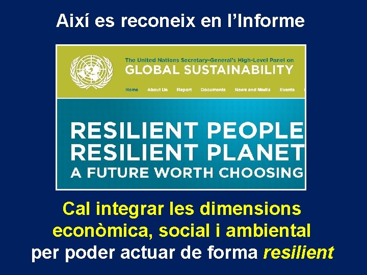 Així es reconeix en l’Informe Cal integrar les dimensions econòmica, social i ambiental per