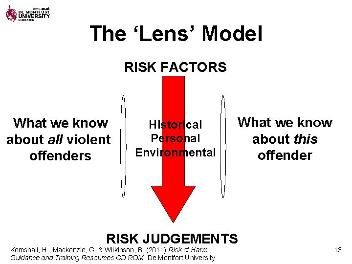 The ‘Lens’ Model RISK FACTORS What we know about all violent offenders Historical Personal