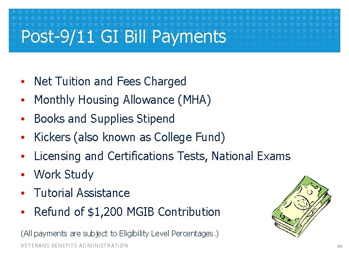 Post-9/11 GI Bill Payments • Net Tuition and Fees Charged • Monthly Housing Allowance