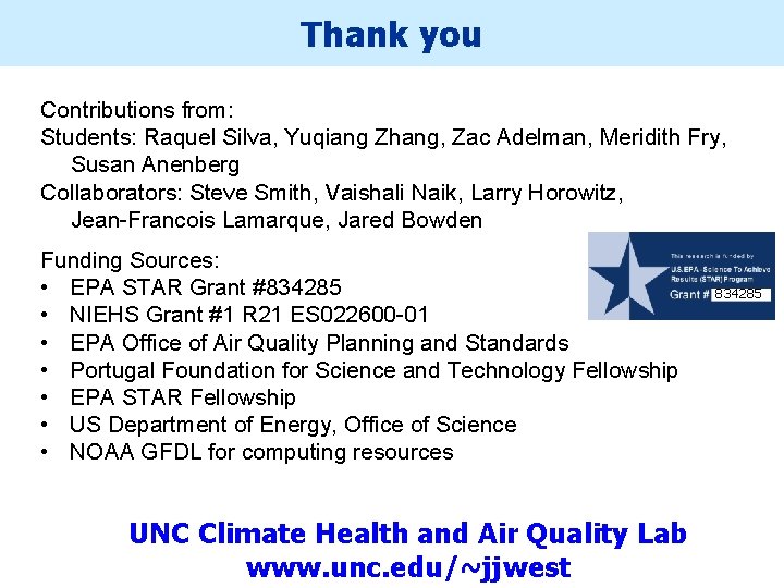 Thank you Contributions from: Students: Raquel Silva, Yuqiang Zhang, Zac Adelman, Meridith Fry, Susan