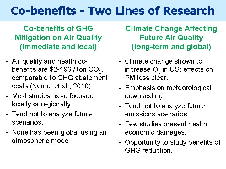 Co-benefits - Two Lines of Research Co-benefits of GHG Mitigation on Air Quality (immediate