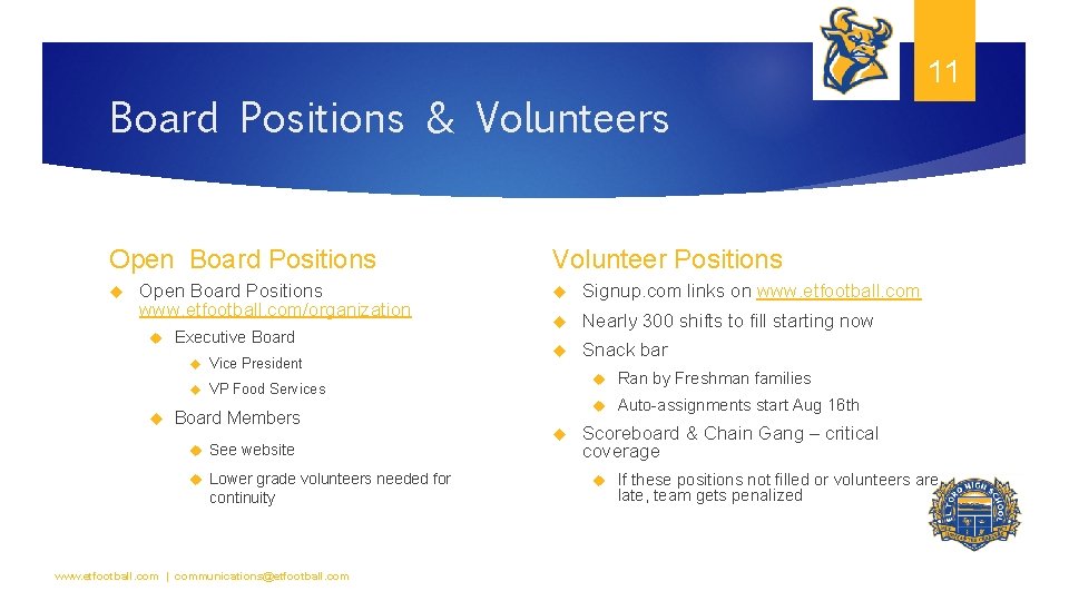 Board Positions & Volunteers Open Board Positions www. etfootball. com/organization Executive Board Vice President