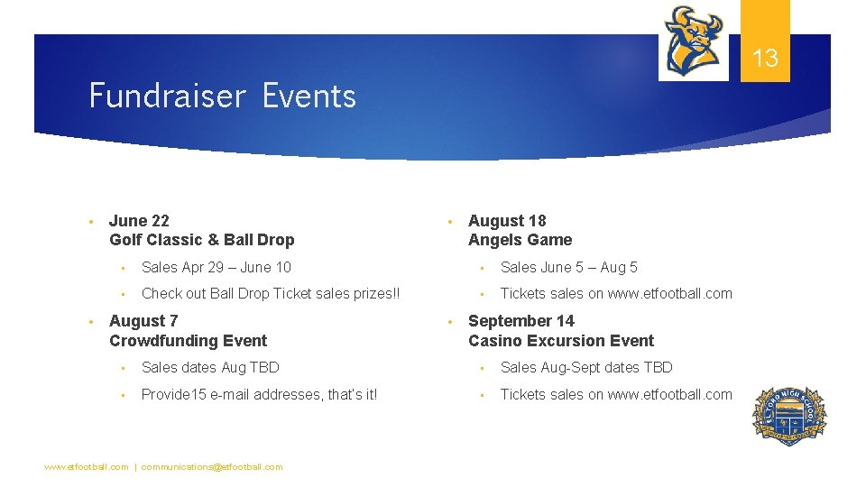 13 Fundraiser Events • • June 22 Golf Classic & Ball Drop • August