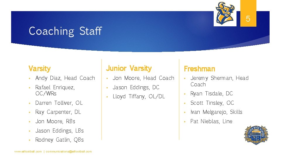 5 Coaching Staff Varsity Junior Varsity • Andy Diaz, Head Coach • Jon Moore,