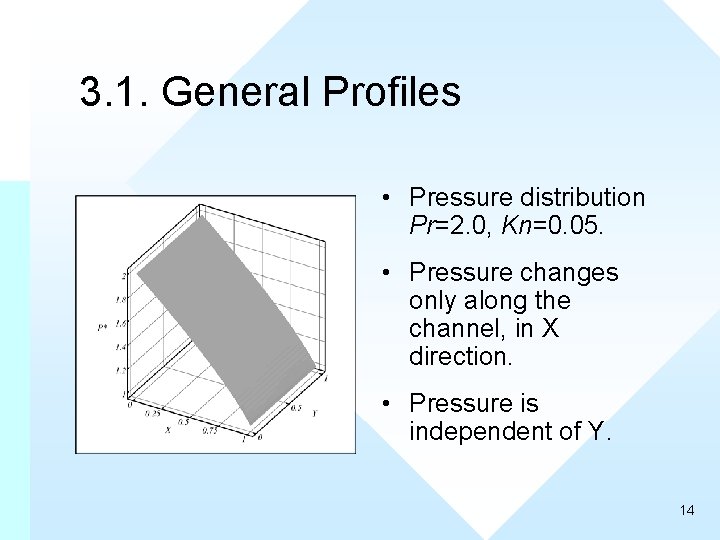 3. 1. General Profiles • Pressure distribution Pr=2. 0, Kn=0. 05. • Pressure changes