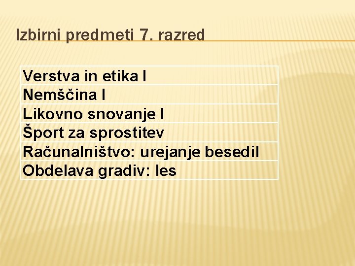 Izbirni predmeti 7. razred Verstva in etika I Nemščina I Likovno snovanje I Šport