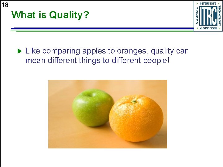 18 What is Quality? u Like comparing apples to oranges, quality can mean different