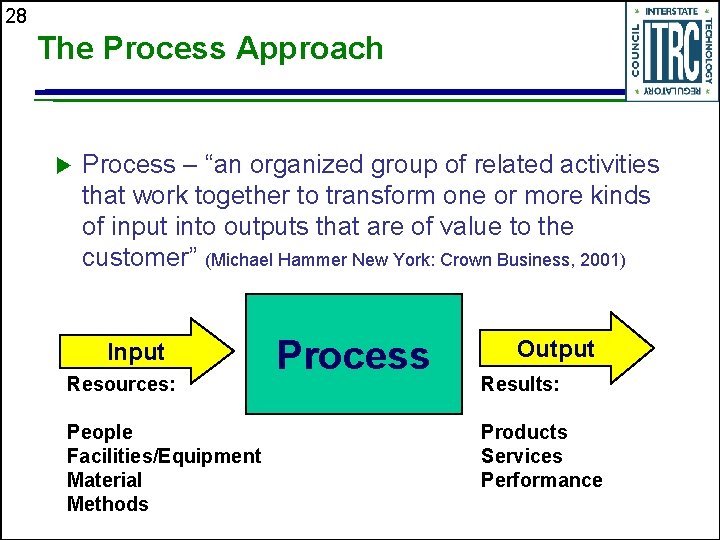 28 The Process Approach u Process – “an organized group of related activities that