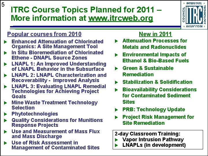 5 ITRC Course Topics Planned for 2011 – More information at www. itrcweb. org