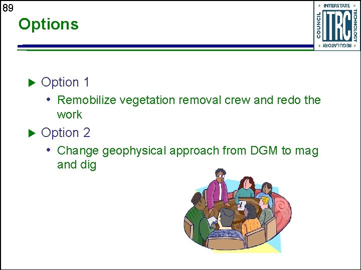 89 Options u Option 1 • Remobilize vegetation removal crew and redo the work