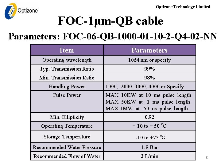 Optizone Technology Limited FOC-1μm-QB cable Parameters: FOC-06 -QB-1000 -01 -10 -2 -Q 4 -02