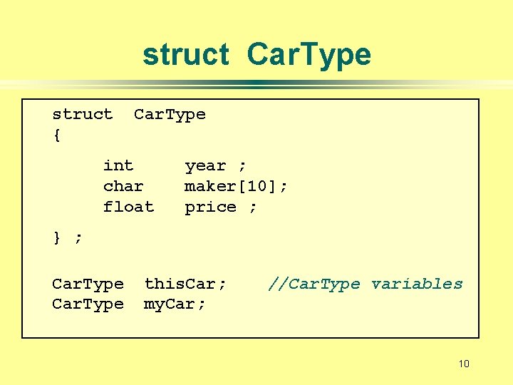 struct Car. Type struct { Car. Type int char float year ; maker[10]; price