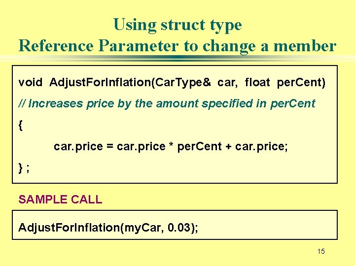 Using struct type Reference Parameter to change a member void Adjust. For. Inflation(Car. Type&
