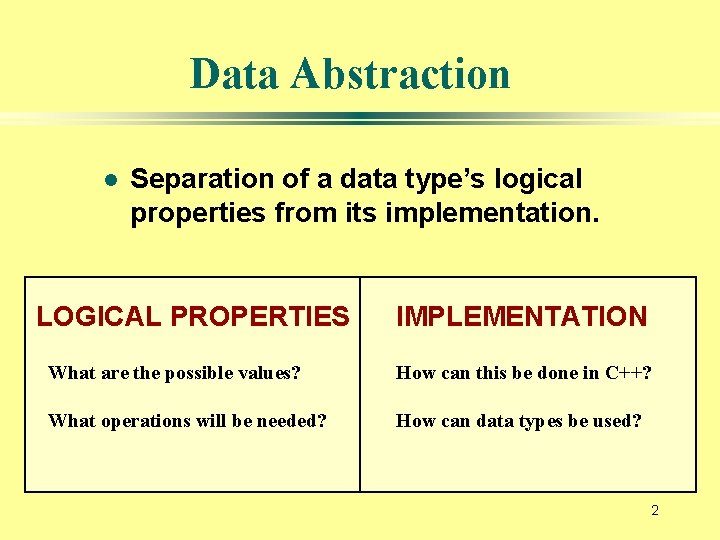 Data Abstraction l Separation of a data type’s logical properties from its implementation. LOGICAL