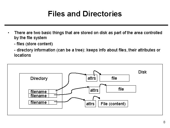 Files and Directories • There are two basic things that are stored on disk