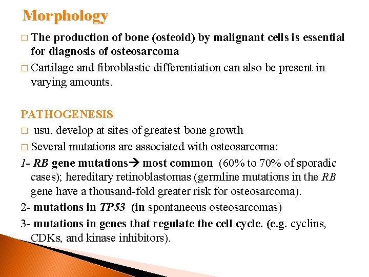 Morphology � The production of bone (osteoid) by malignant cells is essential for diagnosis