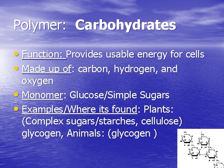 Polymer: Carbohydrates • Function: Provides usable energy for cells • Made up of: carbon,