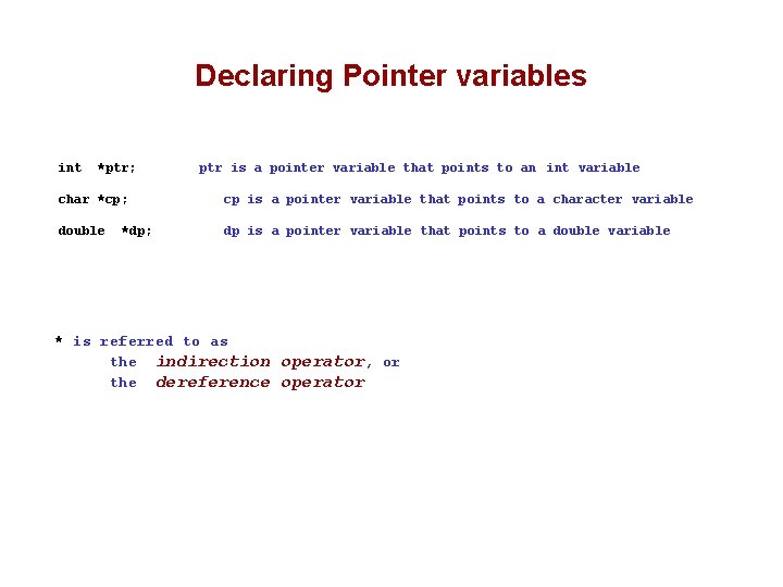 Declaring Pointer variables int *ptr; ptr is a pointer variable that points to an