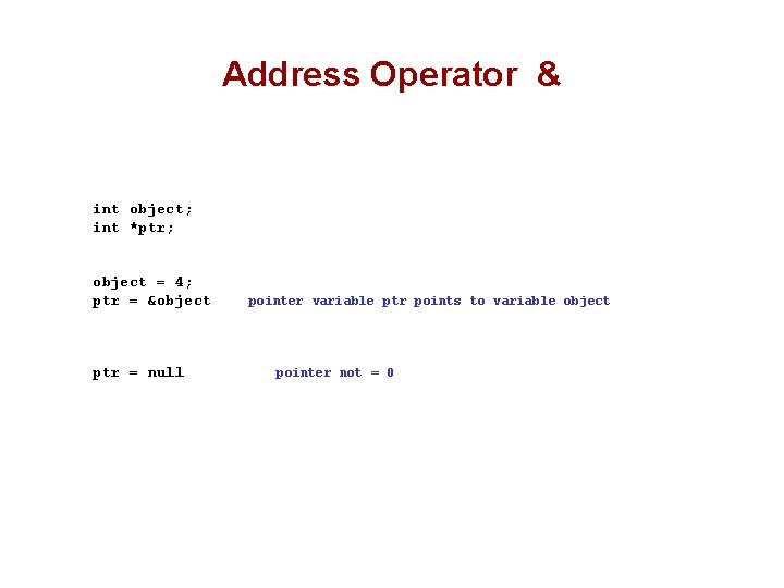 Address Operator & int object; int *ptr; object = 4; ptr = &object ptr