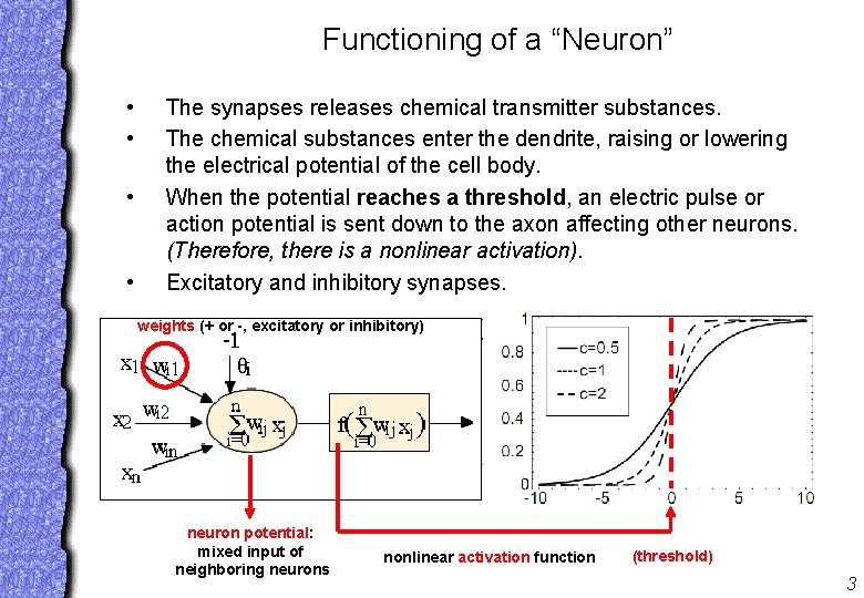 Functioning of a “Neuron” • • The synapses releases chemical transmitter substances. The chemical