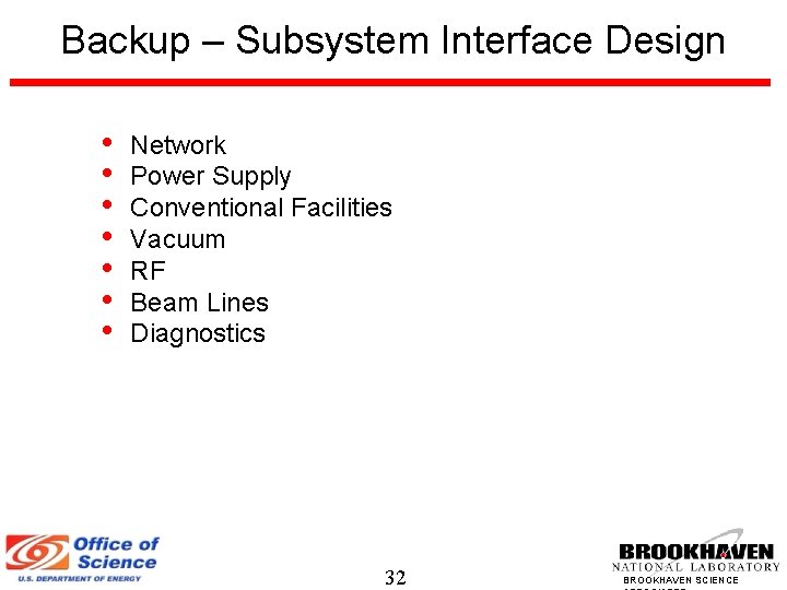Backup – Subsystem Interface Design • • Network Power Supply Conventional Facilities Vacuum RF
