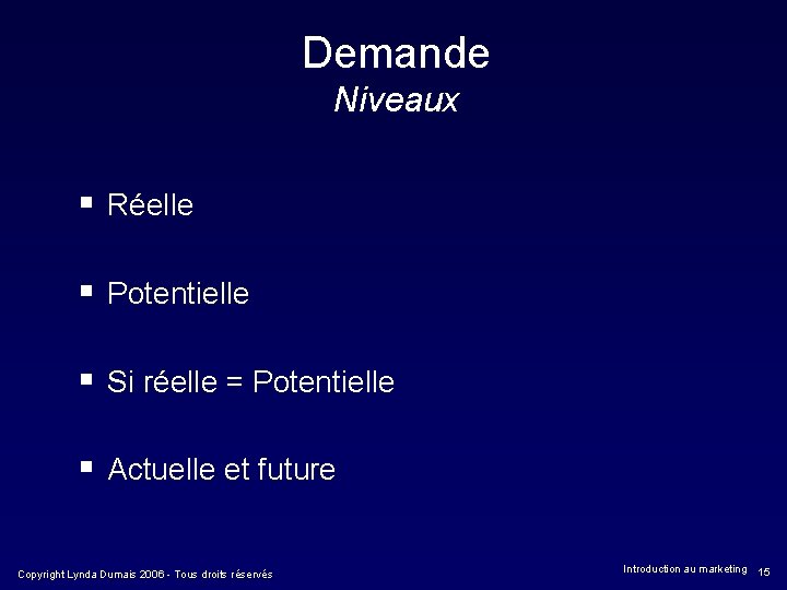 Demande Niveaux § Réelle § Potentielle § Si réelle = Potentielle § Actuelle et