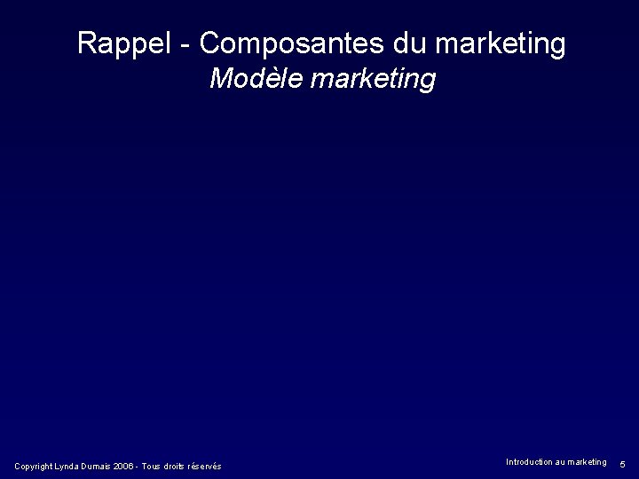 Rappel - Composantes du marketing Modèle marketing Copyright Lynda Dumais 2006 - Tous droits