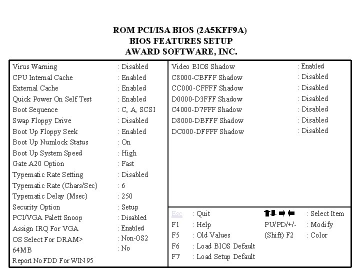 ROM PCI/ISA BIOS (2 A 5 KFF 9 A) BIOS FEATURES SETUP AWARD SOFTWARE,