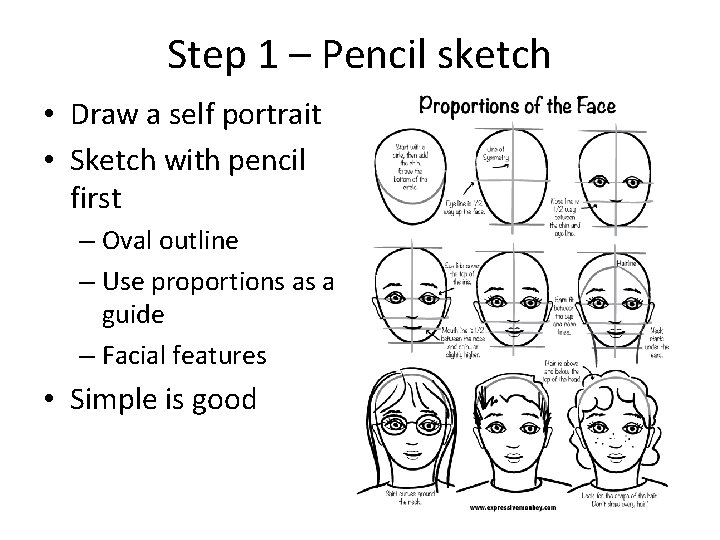 Step 1 – Pencil sketch • Draw a self portrait • Sketch with pencil