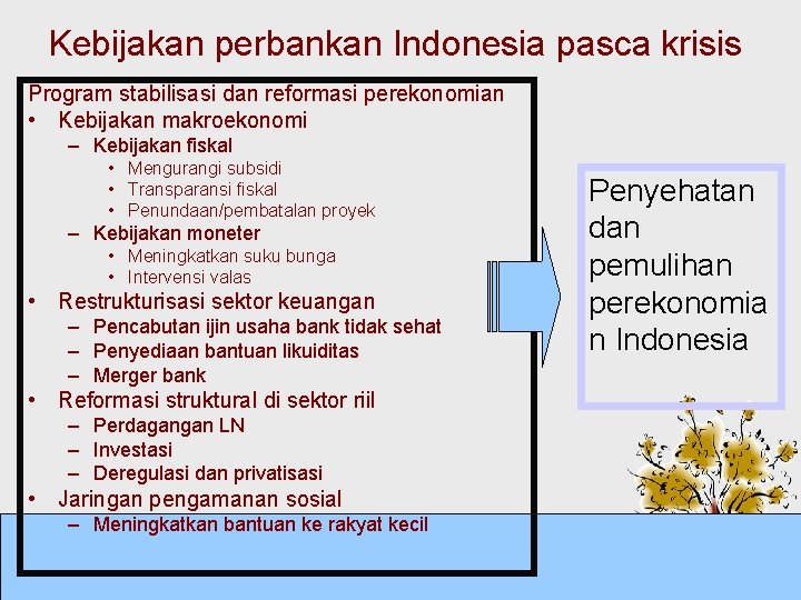 Kebijakan perbankan Indonesia pasca krisis Program stabilisasi dan reformasi perekonomian • Kebijakan makroekonomi –