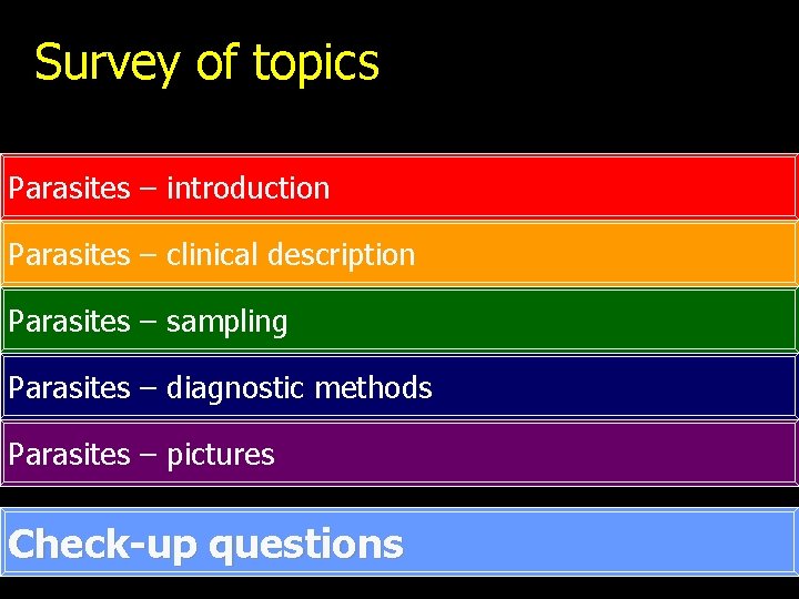 Survey of topics Parasites – introduction Parasites – clinical description Parasites – sampling Parasites