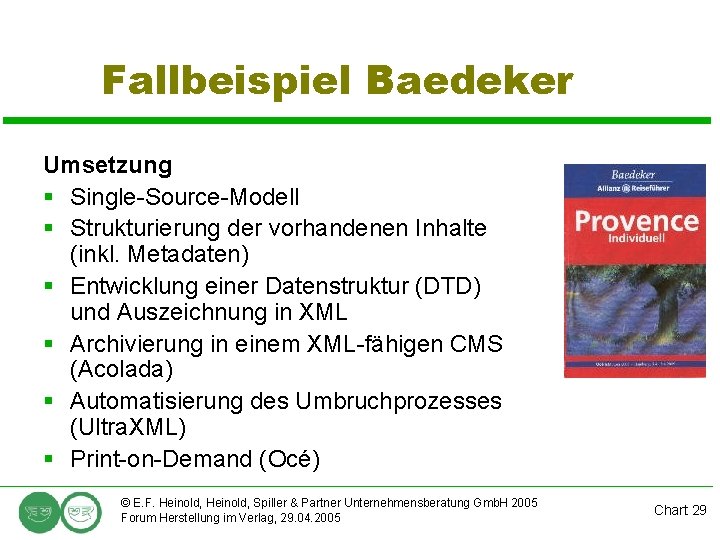 Fallbeispiel Baedeker Umsetzung § Single-Source-Modell § Strukturierung der vorhandenen Inhalte (inkl. Metadaten) § Entwicklung