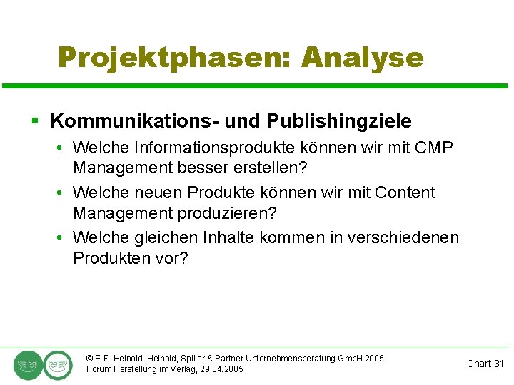 Projektphasen: Analyse § Kommunikations- und Publishingziele • Welche Informationsprodukte können wir mit CMP Management
