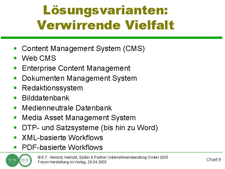 Lösungsvarianten: Verwirrende Vielfalt § § § Content Management System (CMS) Web CMS Enterprise Content