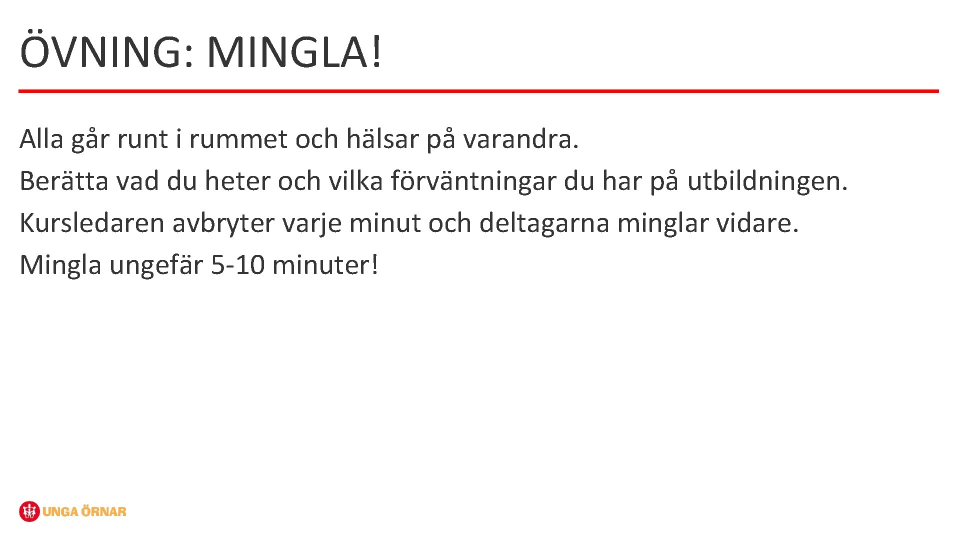 ÖVNING: MINGLA! Alla går runt i rummet och hälsar på varandra. Berätta vad du