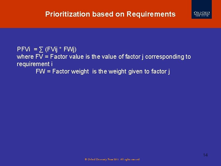 Prioritization based on Requirements PFVi = ∑ (FVij * FWj) where FV = Factor