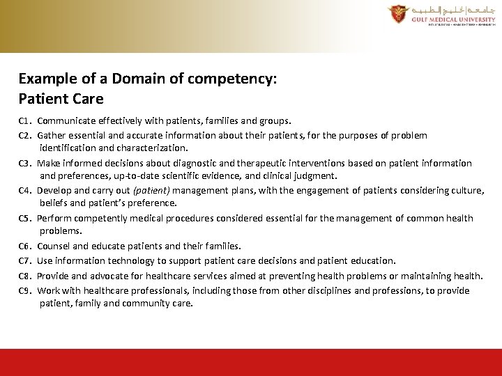 Example of a Domain of competency: Patient Care C 1. Communicate effectively with patients,