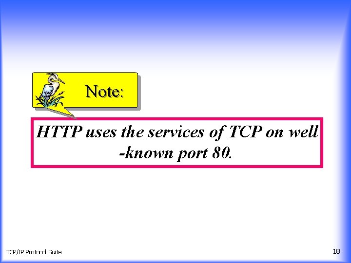 Note: HTTP uses the services of TCP on well -known port 80. TCP/IP Protocol