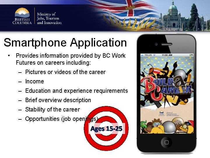 Smartphone Application • Provides information provided by BC Work Futures on careers including: –