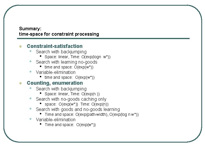 Summary: time-space for constraint processing l l Constraint-satisfaction • • • Search with backjumping